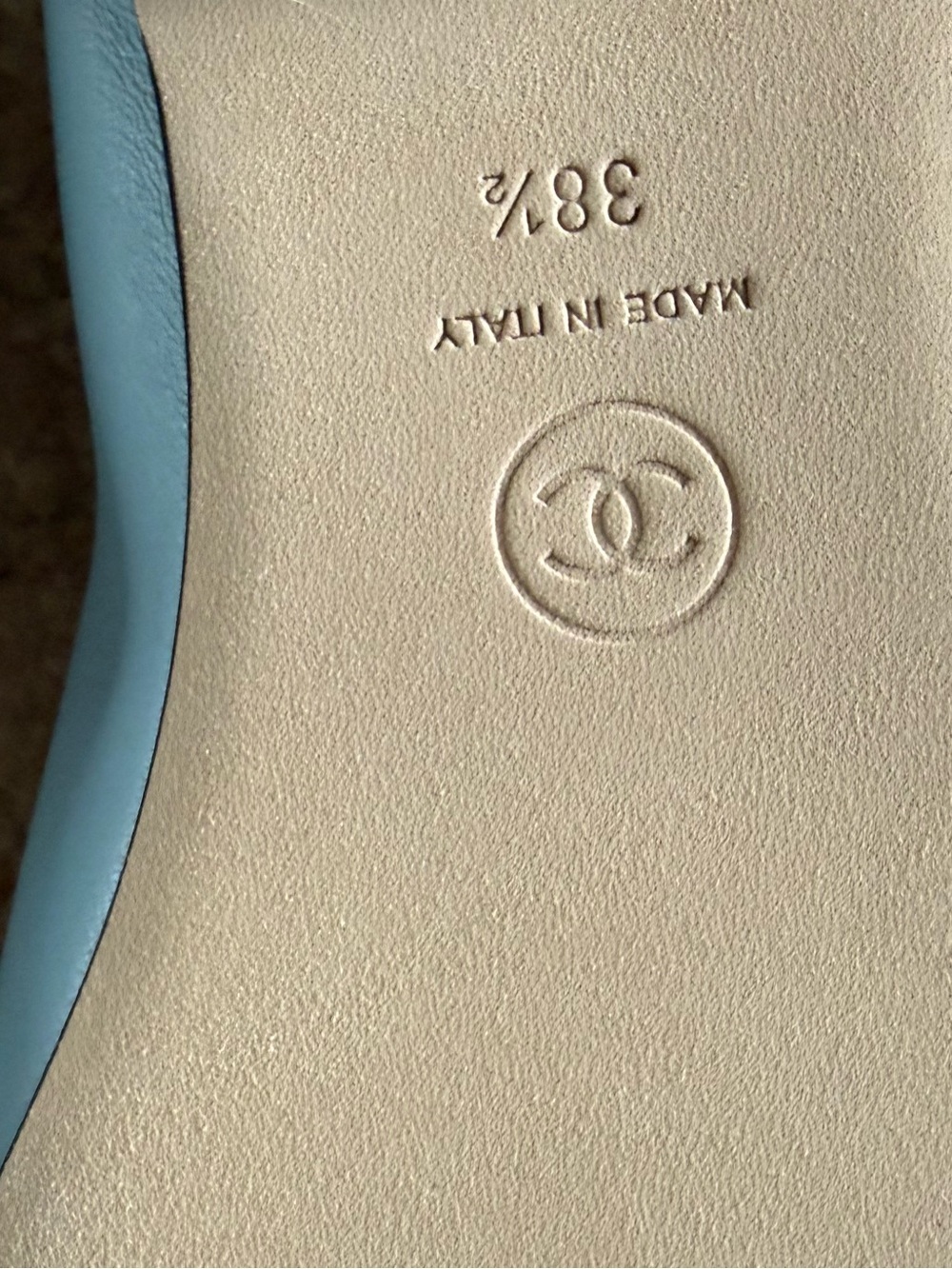 NIB Authentic CHANEL leather Light Blue and Black fabric Cap-Toe Ballet Flats - Picture 4 of 11